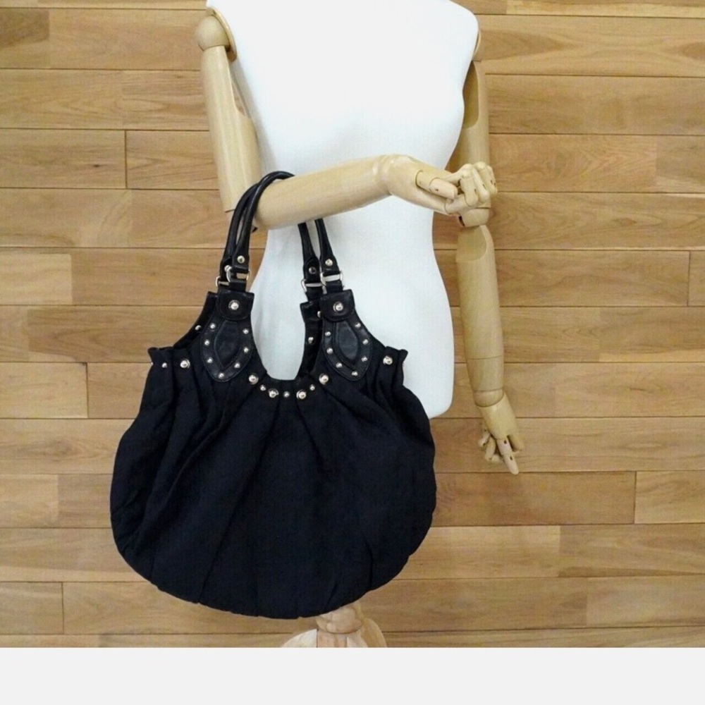 Authentic GUCCI Shoulder Bag GG Canvas and Leather Pelham Studded Hobo Black